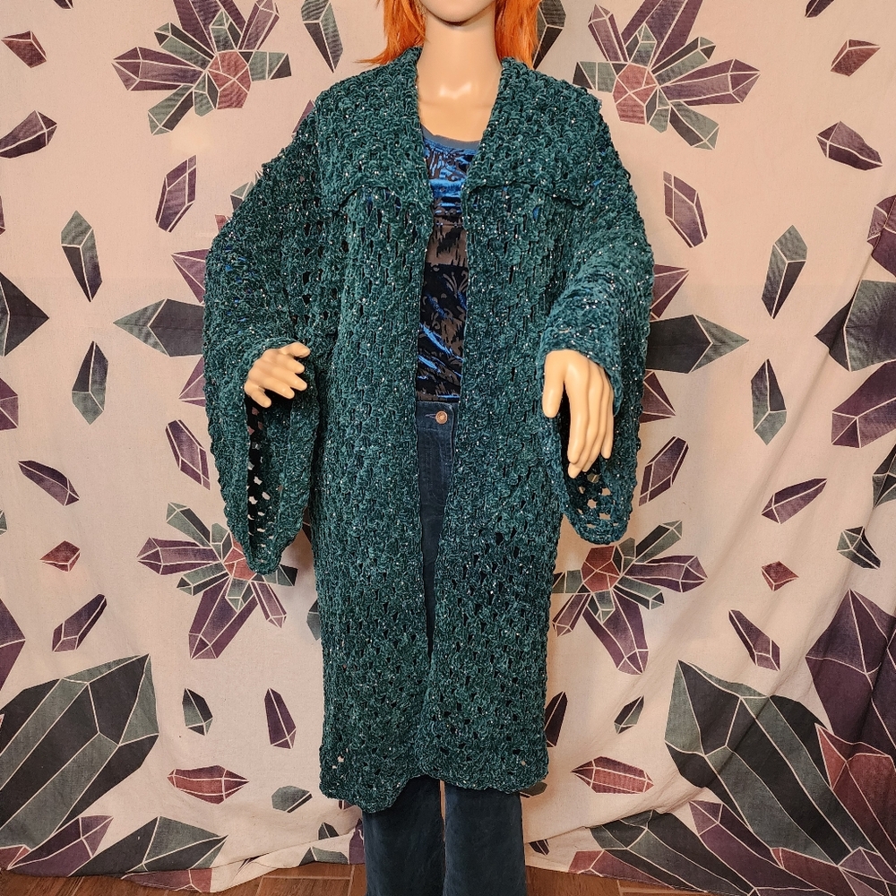 Teal green glitter velvet handmade crochet cozy witchy flyaway cardigan
